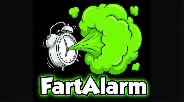 FartAlarm iPhone app icon — cartoon alarm clock with a green fart cloud